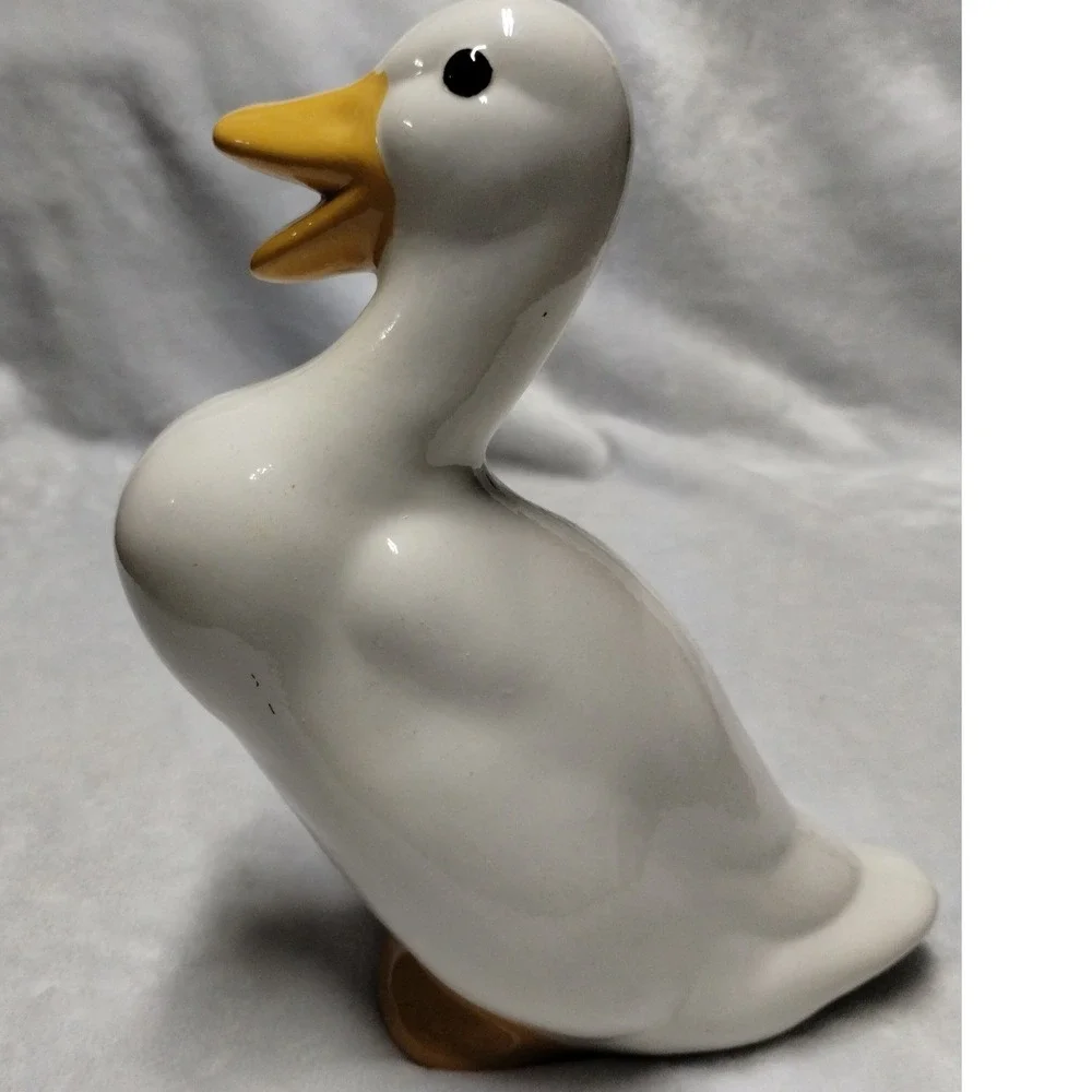 Vintage White Ceramic Duck Figurine Glossy Hand Painted Farmhouse Decor 8.5 Inch